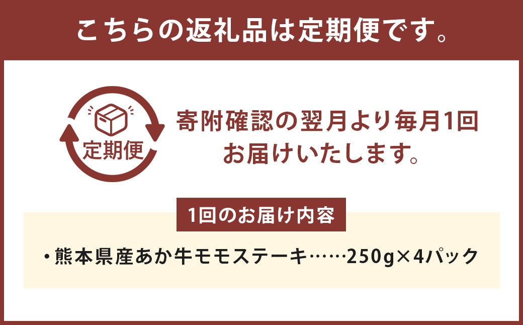 【3ヶ月定期便】熊本県産 あか牛 モモステーキ 1kg(250g×4パック) 計3kg