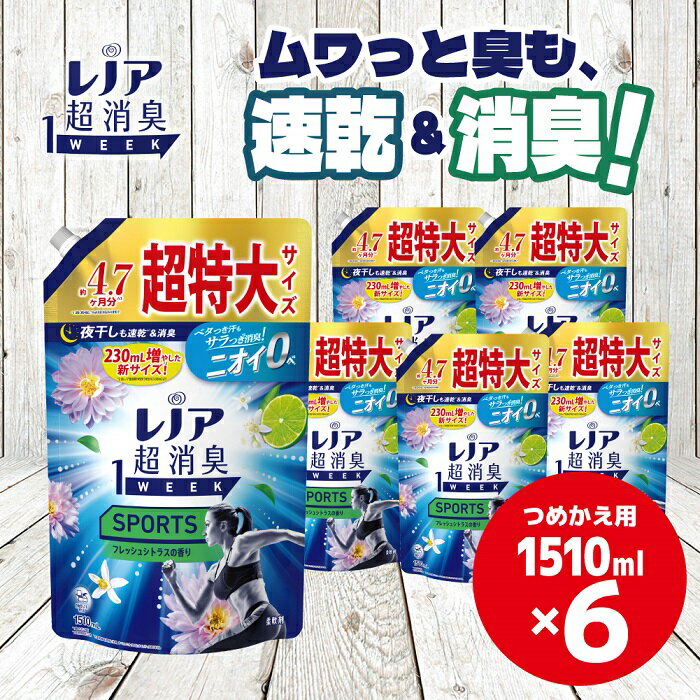 【ふるさと納税】P＆G レノア超消臭1weekSPORTSフレッシュシトラスの香り詰替用超特大 1ケースお届け/柔軟剤 レノア 速乾消臭 超消臭 新サイズ 1510ml×6 フレッシュシトラス ベタつきブロック スポーツ 1ケース つめかえ用 約4.7か月分 超特大 P&G高崎工場 群馬県 高崎市