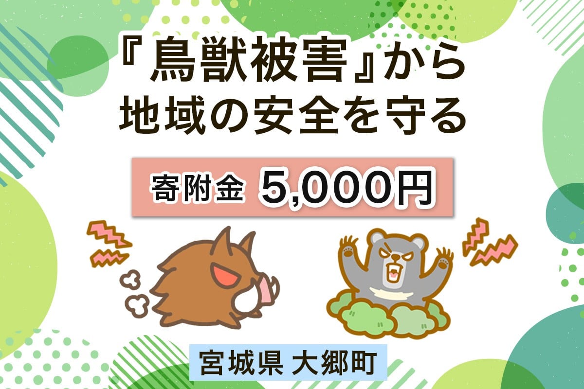 
            宮城県大郷町への寄付 (返礼品はありません) 鳥獣被害から地域の安全を守る イノシシ・熊出没防止対策・環境整備へのご支援を【寄附額5千円】｜東北 大郷町 おおさと 返礼品無し 寄附 寄付 被害防止 対策 安全確保 生活確保 熊 クマ くま 猪 イノシシ いのしし [0278]
          