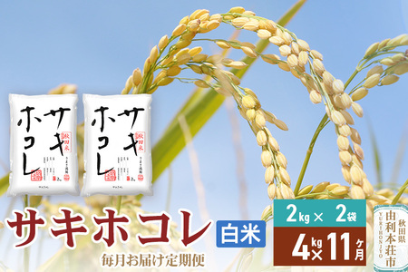 《定期便11ヶ月》【白米】令和7年産 サキホコレ4kg(2kg×2袋)×11回 計44kg 精米 特A評価米 秋田県産