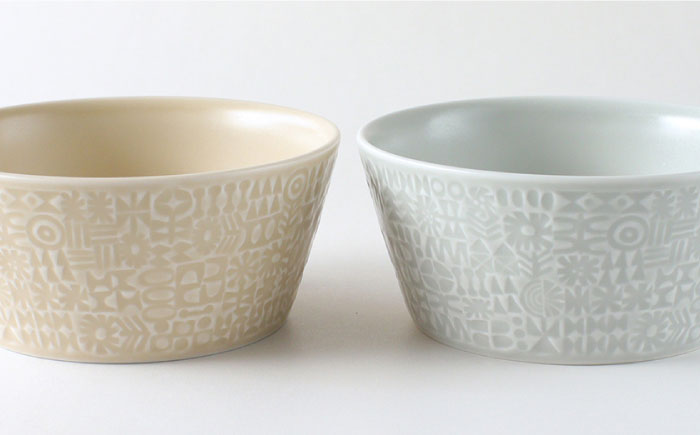 【波佐見焼】PATTERNED BOWL ペア 2点セット ecru ＋ morning mist【BIRDS’ WORDS】 [CF020]