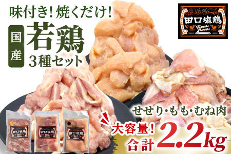 奥三河どり 錦爽どりを使用！ 国産 若鶏味付け肉 3種セット 2.2kg（もも肉300g×4・むね肉300g×2・せせり200g×２）せせり もも むね 塩ダレ 味付け肉 鶏肉 鶏 肉 キャンプ バーベキュー 大容量 地鶏 焼肉 焼き鳥 田口塩鶏 若鶏 20000円 20,000円 -172