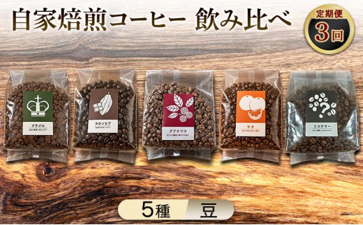 【厳選5種の3ヶ月定期便】芳醇なフルーティー＆ビター飲み比べセット・自家焙煎コーヒー（豆）(モカ285g×2、ブラジル250g、グァテマラ221g、コロンビア239g、インドネシア327g) 珈琲