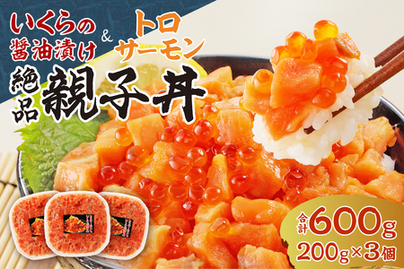 北海道産 いくら 醤油漬け （鮭卵）とトロサーモンの絶品！ 親子丼 セット 600g（200ｇ×３個）水産 海鮮 魚卵 魚介 お取り寄せ グルメ 札幌 サーモン トロサーモン 3パック ご飯にのせるだけ 冷凍