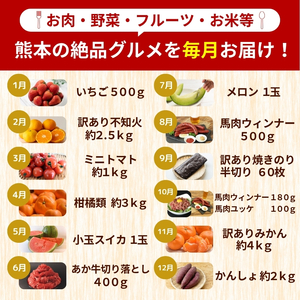 【 定期便 12回 】 熊本 福袋 |（ いちご みかん 不知火 デコポン スイカ メロン あか牛 牛肉 海苔 焼き海苔 馬肉 ユッケ ウインナー かんしょ さつまいも ） 肉 果物 フルーツ くだも