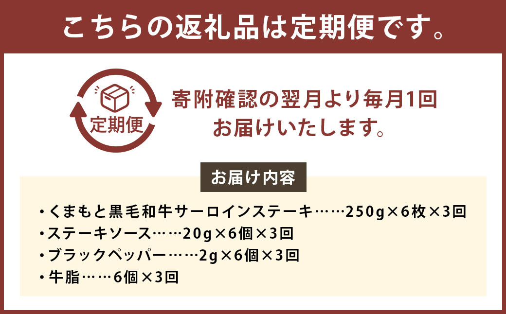 【3ヶ月定期便】 くまもと 黒毛和牛 サーロインステーキ 1.5kg（250g×6枚）