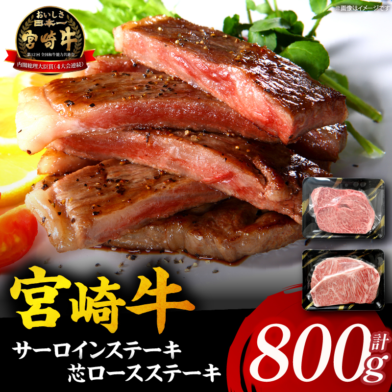 【A5等級宮崎牛】サーロインステーキ・芯ロースステーキセット800g（小林市産 牛肉 和牛 特選 贅沢 厳選和牛 ブランド牛 ギフト 贈答）