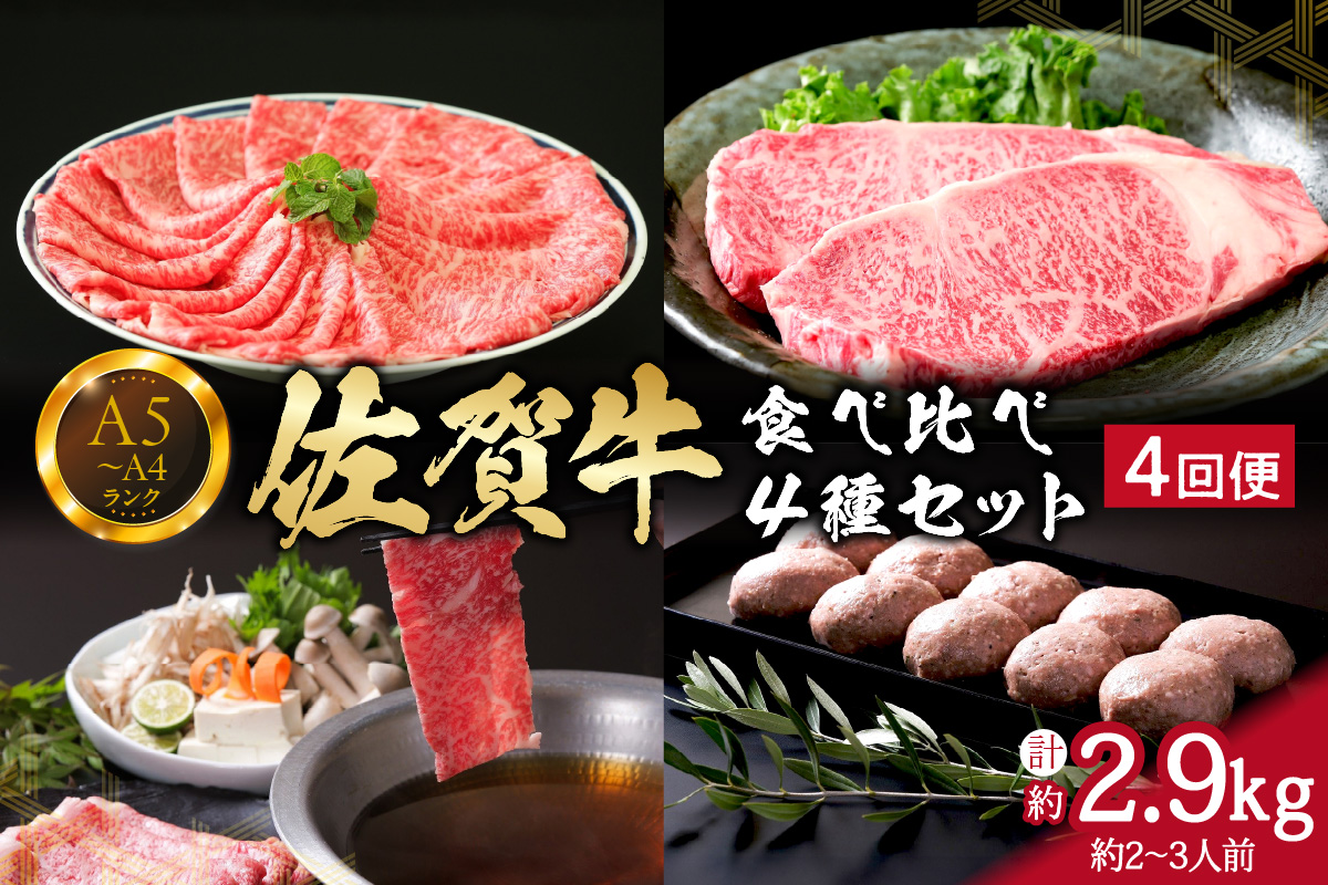 佐賀牛4種食べ比べセット 4回便　合計2.9kg　（約2～3人前）　サーロイン ロース ハンバーグ ステーキ しゃぶしゃぶ すき焼き J664