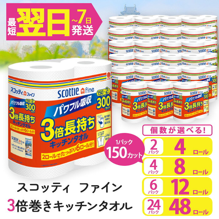 【ふるさと納税】＜容量が選べる＞スコッティ ファイン3倍巻 キッチンタオル (2ロール×2～24パック・計48ロール) キッチンペーパー キッチン用品 タオル 24パック コンパクト 破れにくい 【fc-AS005】【日本製紙クレシア株式会社】