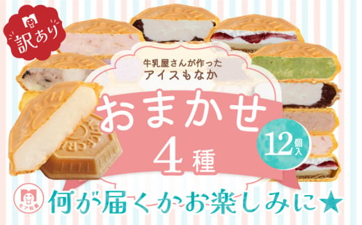 訳あり アイス もなか 4種 食べ比べ 計12個 個包装  手作り 卵 保存料 不使用 濃厚ミルク あずき カフェオレ 黒ごま 濃厚チョコ チョコマーブル いちごみるく レアチーズ 黒糖 スイーツ デ