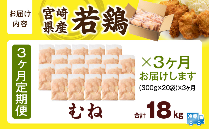 宮崎県産 若鶏切身 むね肉 6kg（300g×20袋）【3か月定期便】 肉 お肉 精肉 鶏肉 鶏 鳥 とり とりにく 若鶏 若鳥 むね ムネ肉 切身 カット済み 小分け パック 便利 からあげ お弁当 おかず 宮崎県産 宮崎産 国産 冷凍 定期便 おすそ分け _kn060-t025