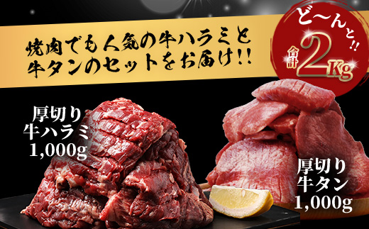 ※12月寄附限定 タン先炭火焼付※人気セット！ 厚切り 牛 ハラミ ステーキ＆ 厚切り 牛タン 【合計 2㎏ 】 小分け 焼肉 BBQ キャンプ アウトドア 牛たん はらみ カット済み 牛肉 肉 冷凍