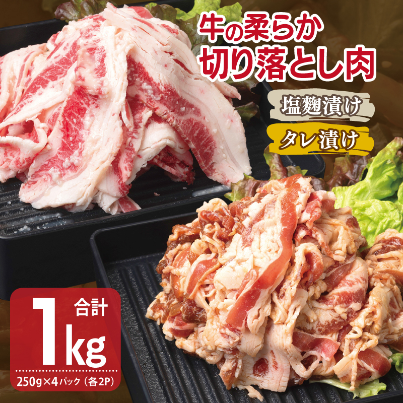 牛肉 切り落とし タレ漬け+塩麹漬け 合計1kg（250g×各2袋） 【味付け 小分け 焼くだけ 簡単調理 BBQ 牛肉 250g×4袋】 010B1670