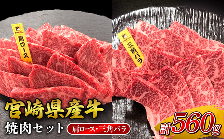宮崎県産 黒牛 焼肉 赤身 牛肉 焼肉セット 肩ロース 三角バラ 2点盛り 560g(280g × 2パック)焼肉用 肉 お肉 牛 国産牛 食べ比べ  セット 小分け 真空パック コスパ 冷凍 贈答 贈答用 ギフト BBQ アウトドア キャンプ 人気 国産 国産牛 九州 宮崎県 えびの市 送料無料