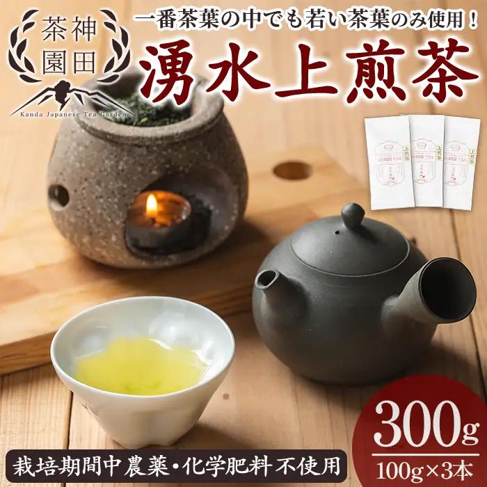 《数量限定》鹿児島県湧水町産！栽培期間中農薬・化学肥料不使用！湧水上煎茶 計300g(100g×3本) 国産 九州産 鹿児島県産 茶葉 お茶 茶 日本茶 緑茶 上煎茶 一番茶 湧水茶 浅蒸し茶 ギフト 贈答 プレゼント 贈り物 令和8年産 【神田茶園】_y313