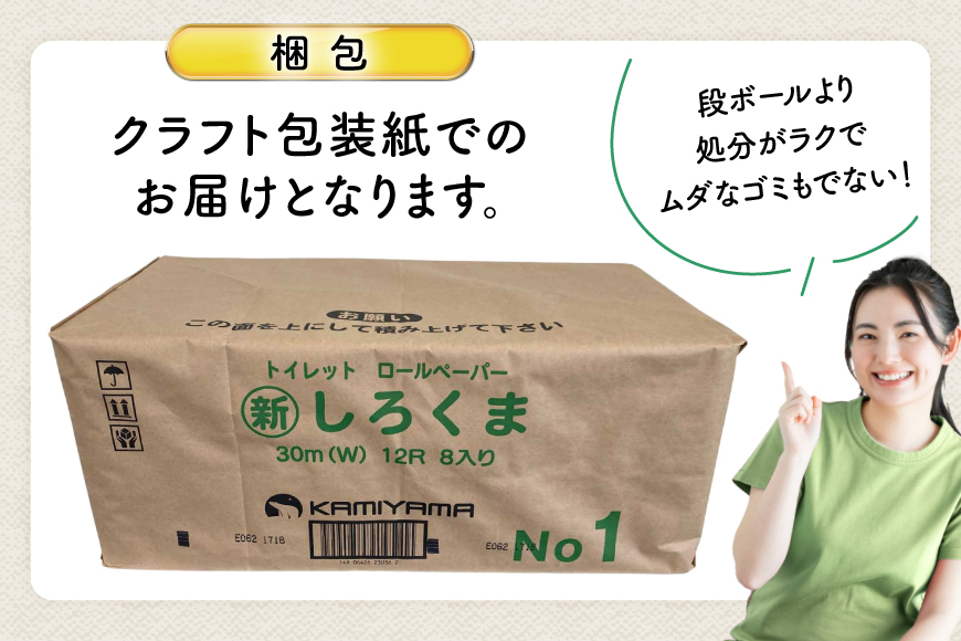 しろくま トイレットペーパー ダブル 96ロール (12R×8パック) [郷古紙店 宮城県 気仙沼市 20565068] ペーパー 再生紙100% エンボス加工 ミシン目 家庭用 日用品 長期保存 備