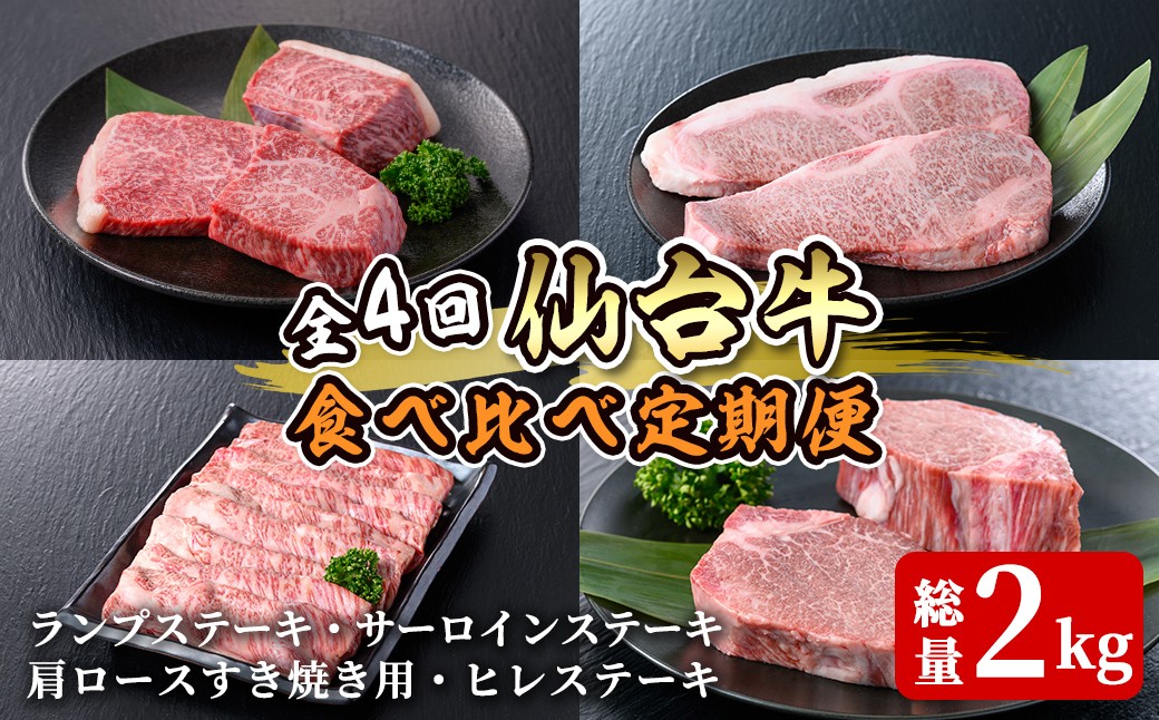 
                  ≪４ヶ月定期便≫ 仙台牛 食べ比べ定期便 計2kg(4種) 登米産 牛肉 肉 お肉 冷凍 ランプステーキ サーロインステーキ 肩ロースすき焼き用 ヒレステーキ 頒布会【株式会社佐利】tm243
                