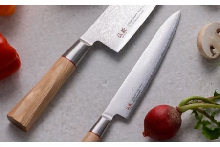 H50-35 ひねり八角柄 ダマスカス 三徳包丁+ペティセット