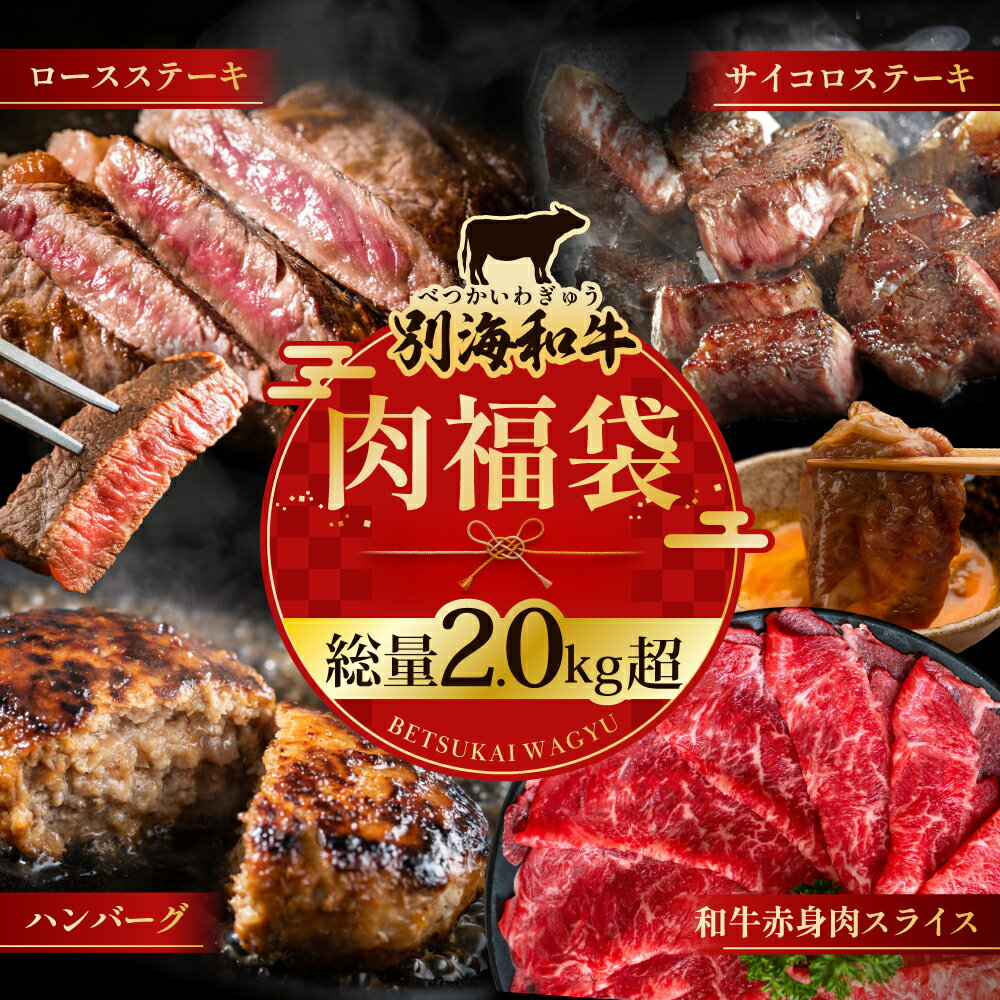 【ふるさと納税】【 別海和牛 肉 福袋 4種類 総量2.0kg超 】 豪華 肉 福袋（和牛赤身肉スライス500g ハンバーグ980g（140g×7個） サイコロステーキ500g ロースステーキ500g）（ ふるさと納税 福袋 牛肉 黒毛和牛 訳あり ふるさと ステーキ ）