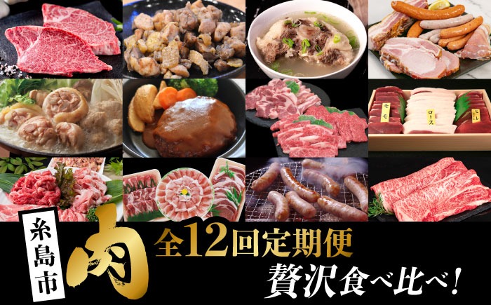 【全12回定期便】糸島・贅沢お肉定期便 毎月3～4人前 （ 博多和牛 糸島和牛 糸島豚 はかた地どり イノシシ ウインナー シャトーブリアン ステーキ ハム ソーセージ ハンバーグ ） [AAH009] 地鶏 モモ ハンバーグ ジビエ 肩ロース 焼肉 水炊き お肉 牛肉 豚肉