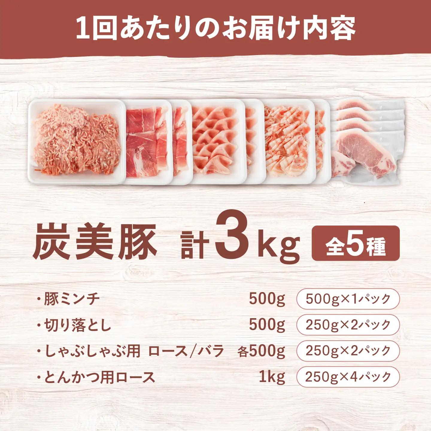 【6回定期便】 西海市産 「炭美豚」 豚肉詰め合わせ バラエティセット 計3kg (5種)＜宮本畜産＞ 豚肉 セット 豚 便利 しゃぶしゃぶ 切り落とし バラ ロース 冷凍 国産 料理 使いやすい 甘