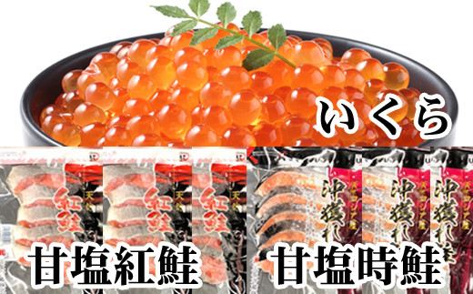 E-36002 甘塩紅鮭5切×10P、甘塩時鮭5切×10P、いくら醤油漬け100g×5Ｐセット