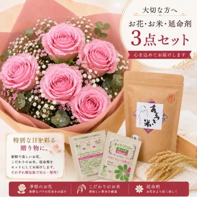ふるさと納税 磐田市 12月発送!同級生コンビでお届けするピンクバラのブーケとおいしいお米(精米)のセット・栄養剤付き! |  | 01