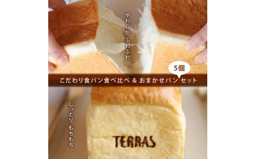 ＜TERRAS＞こだわり食パン食べ比べ&おまかせパン5個セット〈冷凍〉【1519937】