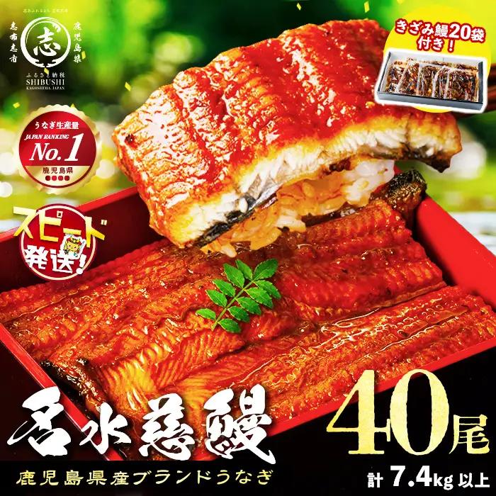 鹿児島県産うなぎ蒲焼 名水慈鰻 40尾(1尾約160g)＋きざみ鰻20袋(1袋約50g)＜合計約7.4kg＞ うなぎ 鰻 ウナギ 国産 鹿児島県産 九州産 蒲焼き 冷凍 うな重 ひつまぶし wb82-001