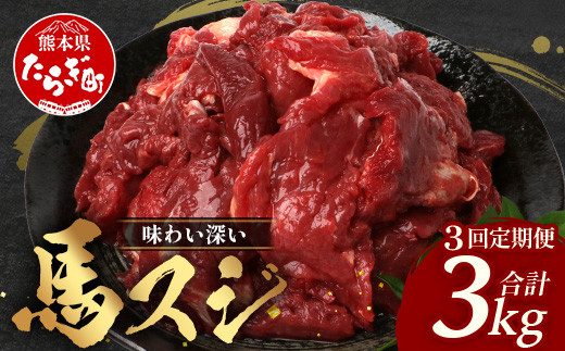 
                  【 定期便 3回 】 熊本県 馬スジ 1㎏（ 500g×2 ） × 3回 【 合計 3kg 】 【 馬肉 すじ肉 大容量 本場 熊本県 馬 赤身 煮込み カレー シチュー 冷凍 真空 熊本 肥育 ヘルシー 赤身 肉 高栄養 肉 】 041-0158
                