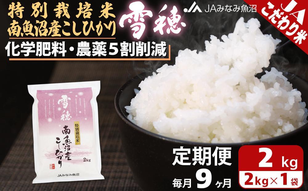 【JAみなみ魚沼定期便】特別栽培米南魚沼産こしひかり「雪穂」（2kg×全9回） ≪精米 農薬5割削減 精米HACCP認定工場 特A獲得日本一産地 高品質精米 もっちり甘い 南魚沼産コシヒカリ 定期便 コシヒカリ こしひかり 精米 銘柄米≫