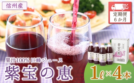 【6か月定期便】ぶどうジュース 「紫宝の恵」 ストレート果汁100％  (1L×4本) | ぶどうジュース