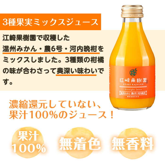 i610 まるごと３種類果実ジュースセット(180ml×8本・全3種)飲料 ジュース みかん 蜜柑 詰合せ 果汁 100% 河内晩柑 不知火 温州みかん 無着色 無香料 ストレートジュース 安心安全 