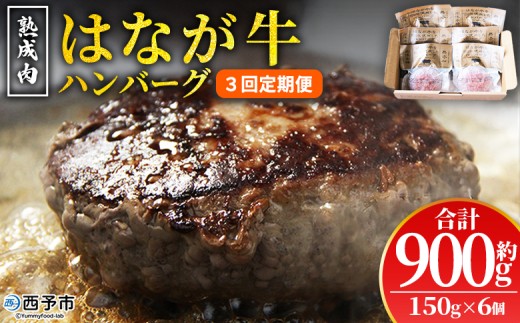 ＜熟成肉 はなが牛ハンバーグ 6個（1個150g）3回定期便＞ 肉 お肉 牛肉 牛 ビーフ 牛100％ 肉加工品 お惣菜 洋食 おかず 弁当 ランチ ディナー 国産 小分け 個包装 簡単調理 特産品 ゆうぼく 愛媛県 西予市【冷凍】『2か月以内に第1回目を出荷予定』