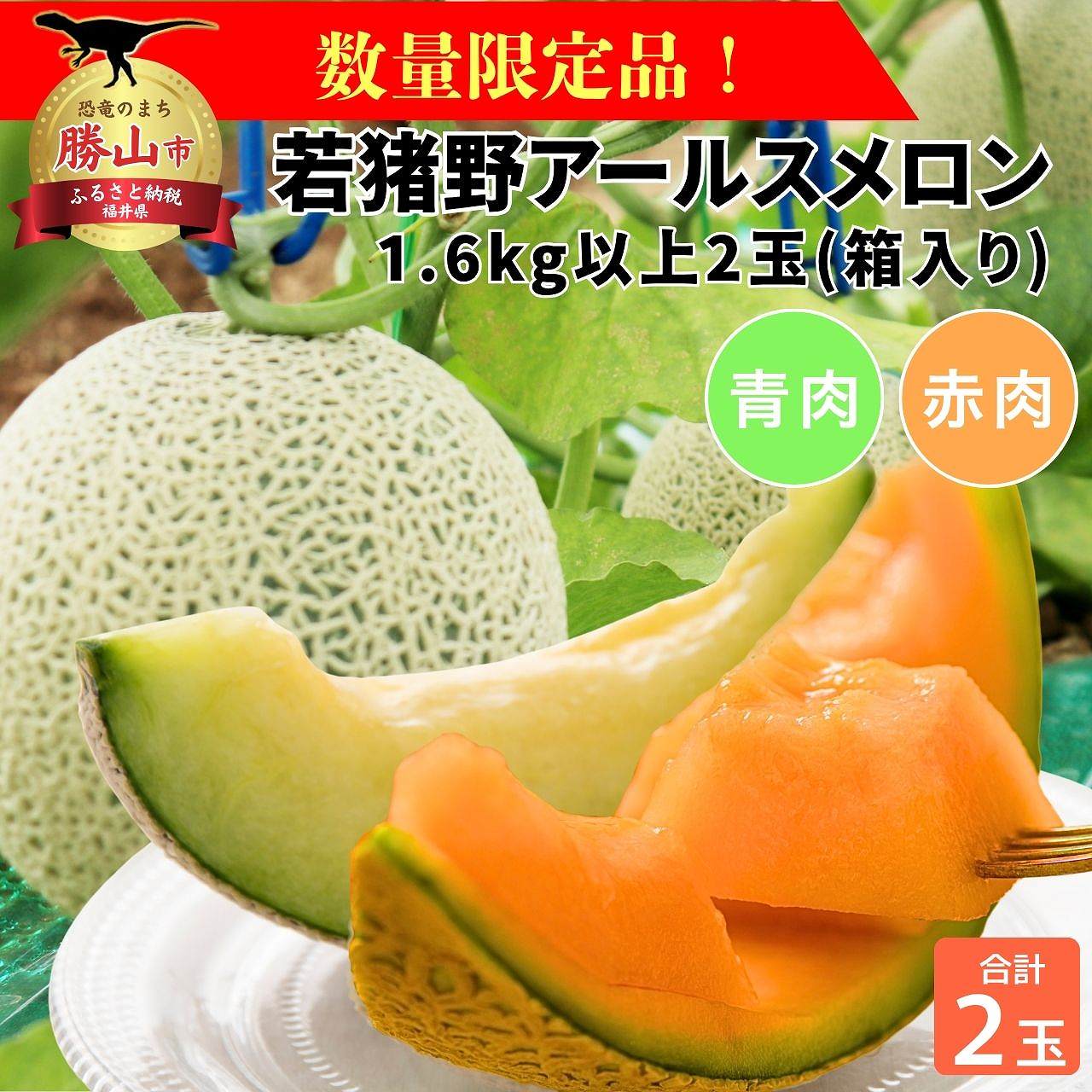 【ふるさと納税】【先行予約】【数量限定】若猪野アールスメロン 1.6kg 以上 (赤肉・青肉各1玉）合計 2玉 箱入り / メロン 若猪野メロン 福井 勝山 ギフト おすすめ 贈答用 高級 甘い お取り寄せ 地元民オススメ フルーツ 期間限定 ※2025年7月下旬より順次発送 [A-011012]