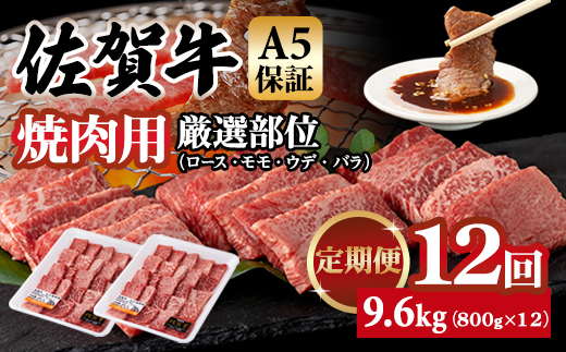 【定期便】佐賀牛 A5 焼肉用 厳選部位 800g 12回定期 計9.6kg(800gx12) 桑原畜産 ブランド牛 小分け 赤身 黒毛和牛 高評価 牛肉 人気 佐賀県 小城市