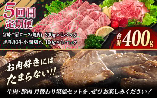 【令和7年10月から毎月配送】5か月定期便 月替わりで堪能!! 牛肉 豚肉 焼肉 セット 豚バラ 肩ロース モモ ウデ 総重量5.6kg 国産 食品 おかず BBQ バーベキュー 小分け 宮崎牛 黒毛