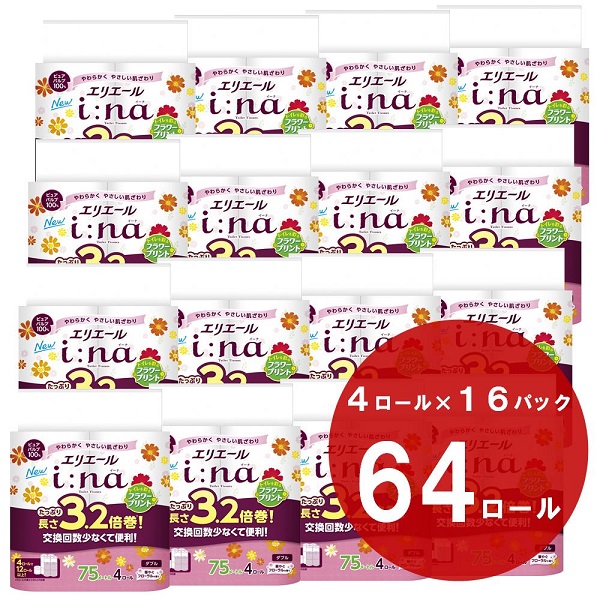0026-10-01　エリエール i：na（イーナ）トイレットティシュー 3.2倍巻 フラワープリント 4ロール （ ダブル ）× 16パック （ 64個 ） トイレットペーパー 3.2倍 パルプ10