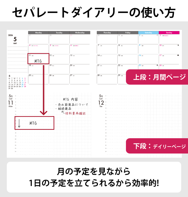 セパレートダイアリー　デイリー＆マンスリーB6　ラウンドカバー付き「4月始まり」　手帳　カレンダー　スケジュール帳
