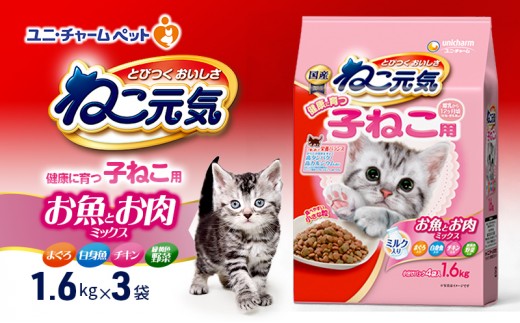 
                  【9月末掲載終了】 ねこ元気 健康に育つ子ねこ用 お魚とお肉ミックス 1.6kg×3袋 ペットフード
                