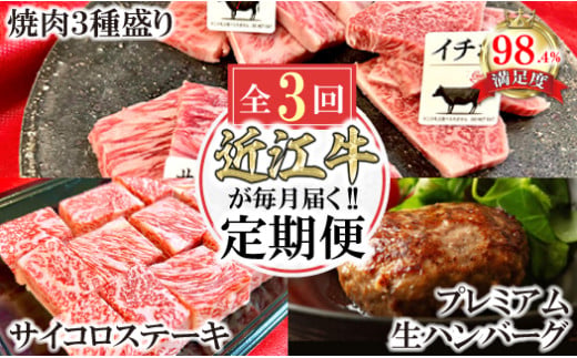 【定期便】近江牛毎月定期便　焼肉/ハンバーグ/サイコロステーキ　全３回【FO46W】