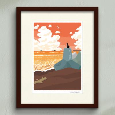 ふるさと納税 茅ヶ崎市 湘南・茅ヶ崎で描く、海を感じるイラストアート『ジークレーアートフレーム　SL-09』(小:八つ切)