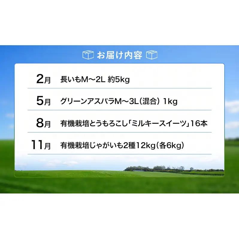 十勝幕別の定期便 旬野菜 年4回お届け（長いも・アスパラガス・とうもろこし・じゃがいも）【 長芋 アスパラ コーン いも ジャガイモ 産地直送 定期便 北海道 十勝 幕別 】