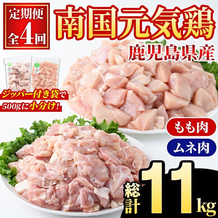 【ふるさと納税】＜定期便・全4回(隔月)＞鹿児島県産！南国元気鶏 もも肉・ムネ肉定期便(総計11kg) 国産 九州産 鹿児島産 モモ肉 鶏モモ むね肉 胸肉 鶏ムネ 小分け 定期便 おかず おつまみ【さるがく水産】akn028-42