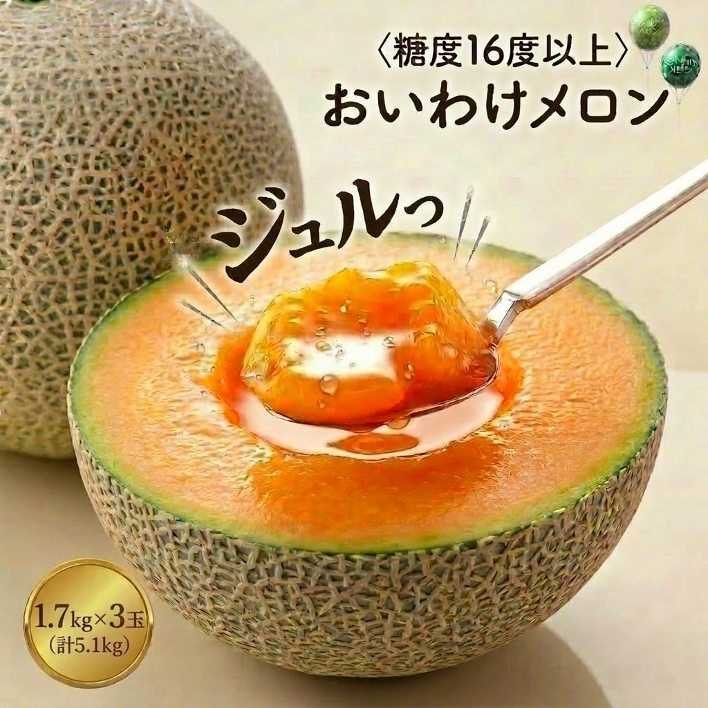 【数量限定】 おいわけメロン 糖度16度以上　1.7kg以上×3玉入【1000244】