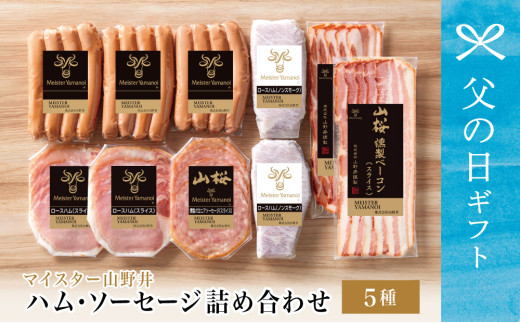 【父の日ギフト】【マイスター山野井】ハム・ソーセージ 5種 詰合せ 計10P ウインナー ベーコン ハム スライス お取り寄せ 肉 豚肉 ご当地 鹿児島 グルメ ロースハム オードブル 惣菜 おかず パーティー 手土産 ご贈答 詰め合わせ セット 冷蔵 南さつま市 贈り物 ギフト 贈答用