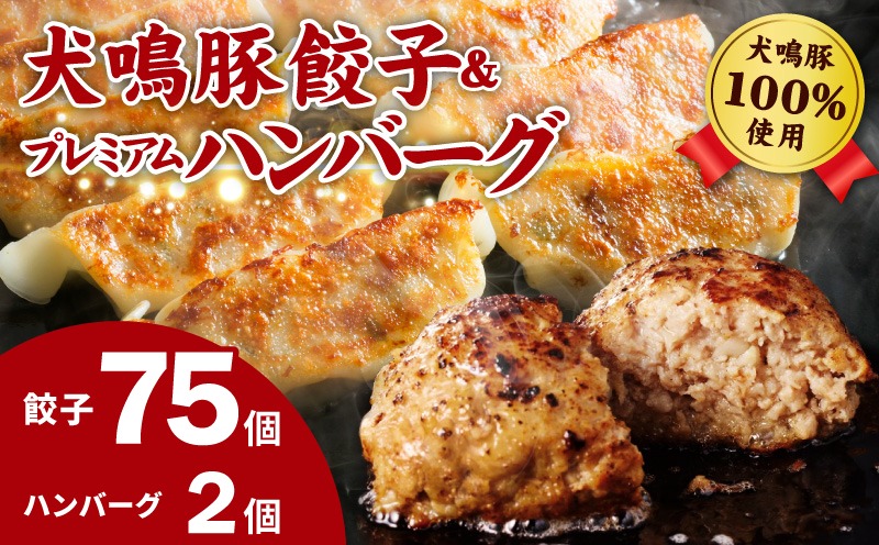 G5372 【期間限定】犬鳴豚餃子 75個 ハンバーグ 2個 セット【国産 豚肉 泉佐野ブランド豚 犬鳴ポーク 焼くだけ 人気 総菜 冷凍】