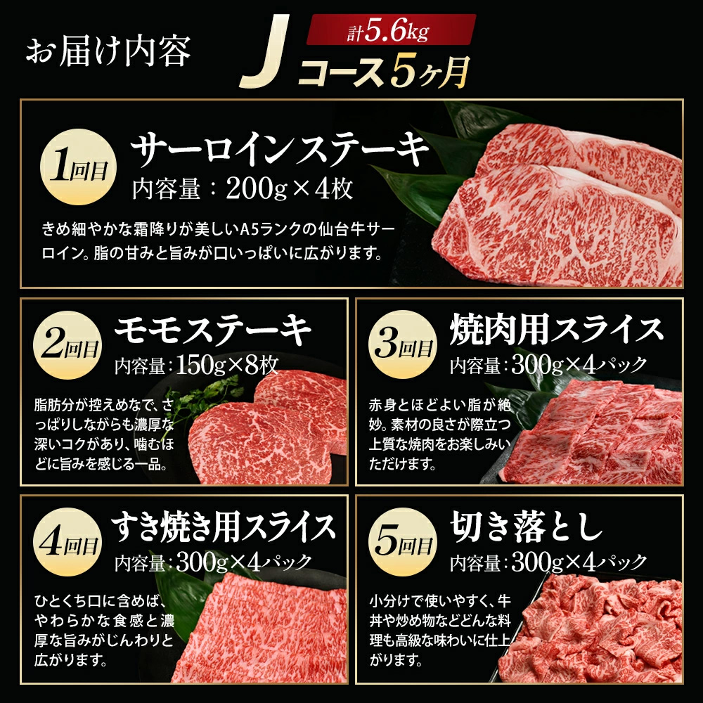 【毎月定期便】「A5仙台牛Jコース」 ステーキ・焼肉・すき焼き・切り落とし 全5回【04301-0865】_イメージ5