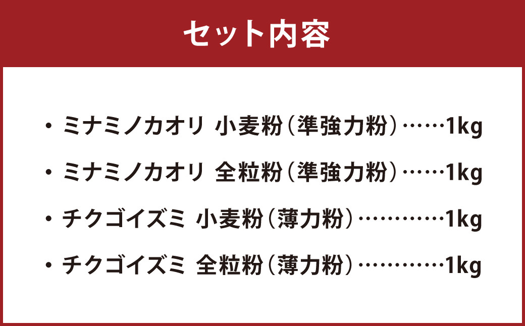 ミナミノカオリ 小麦粉/全粒粉・チクゴイズミ 小麦粉/全粒粉 セット 1kg×4個 ( 合計4kg )