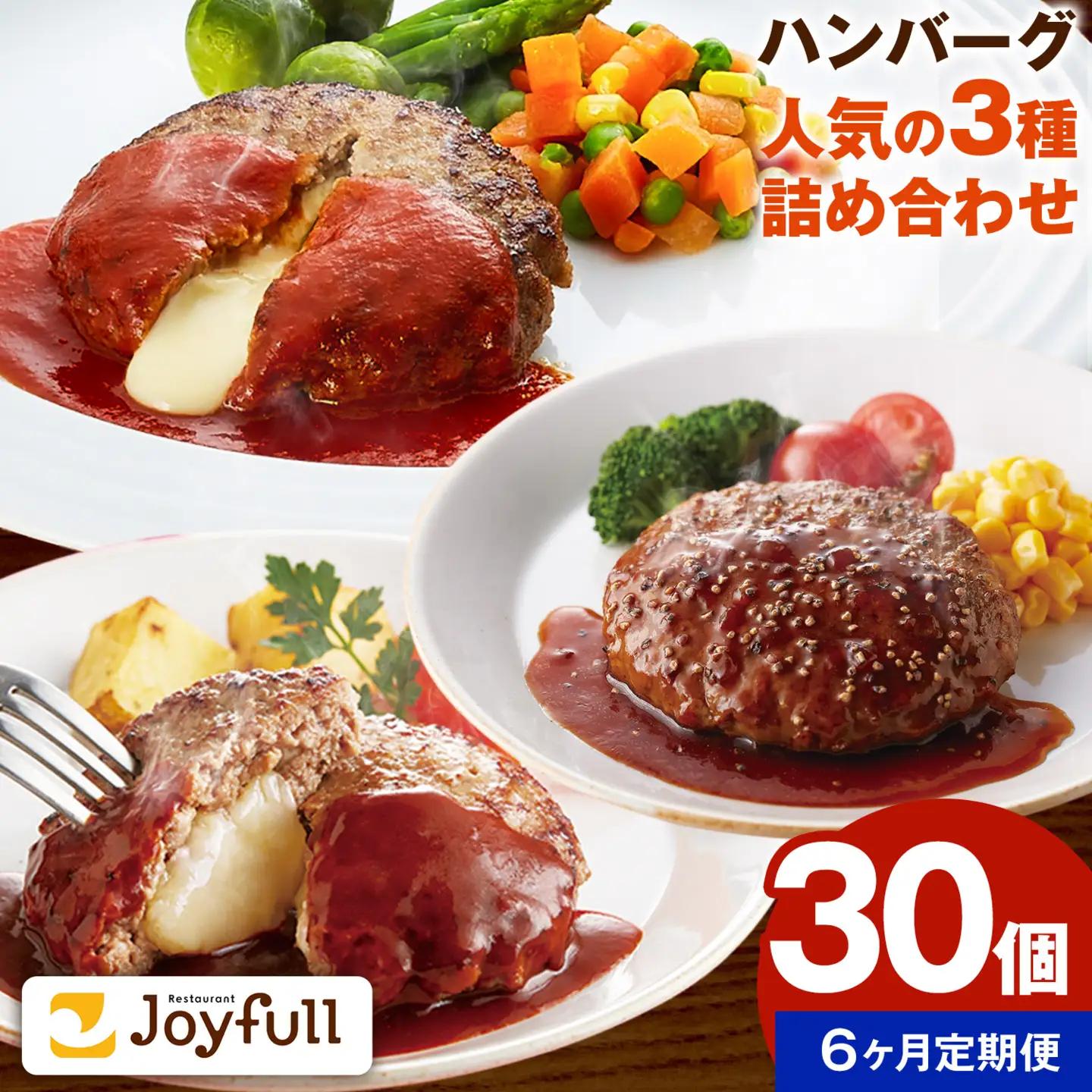 【6ヶ月定期便】ジョイフルハンバーグ 人気の詰め合わせ 30個 ソース付き 食べ比べ 3種類 セット